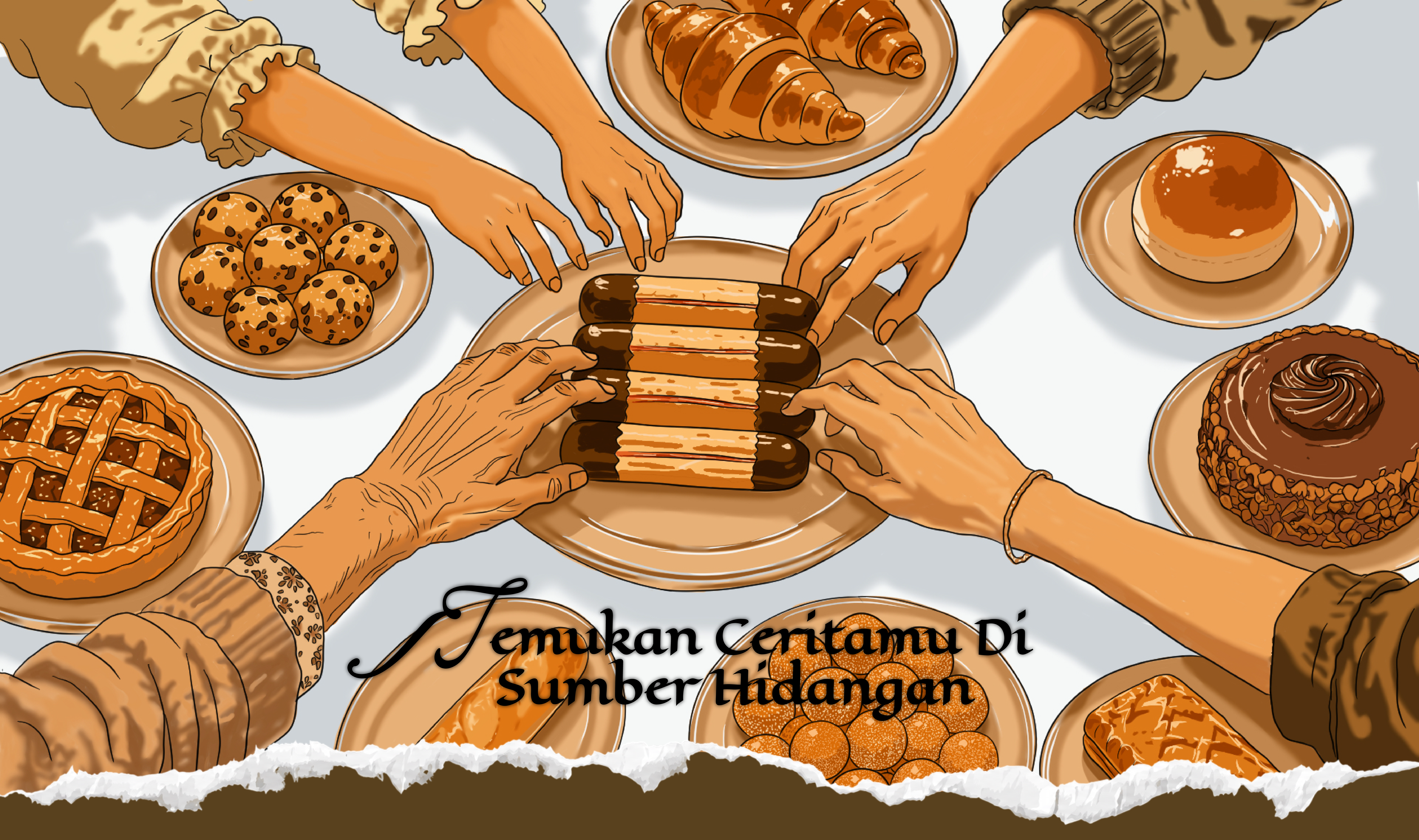 Tangan-tangan mengambil roti dan kue dari meja Sumber Hidangan